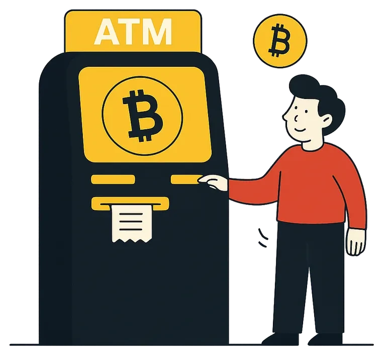 Illustration of a man using an in-store Bitcoin ATM