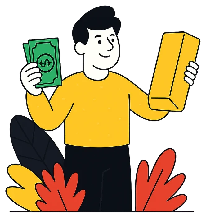 Illustration of a man holding a gold bar and cash