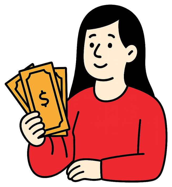 Illustration of a smiling woman in a red sweater holding a fan of cash
