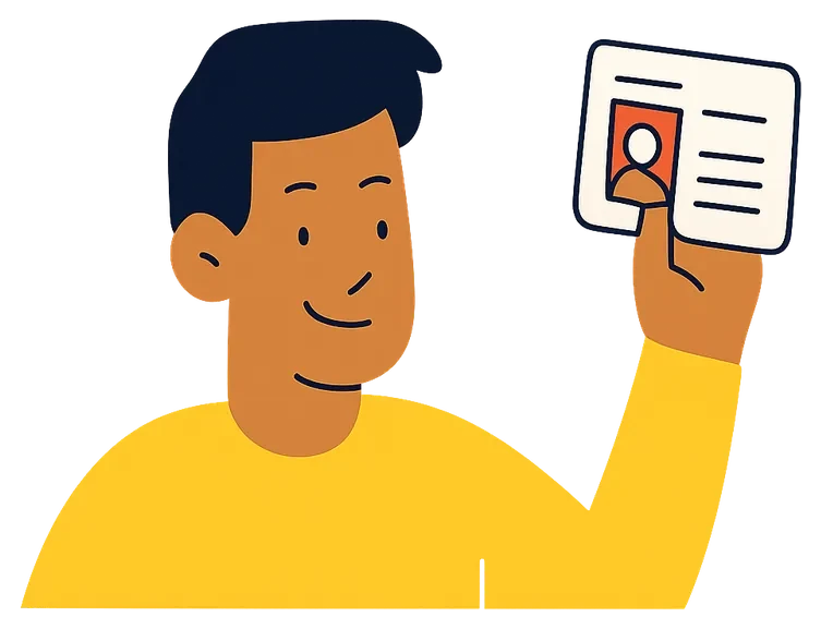 Illustration of a man holding up his photo ID