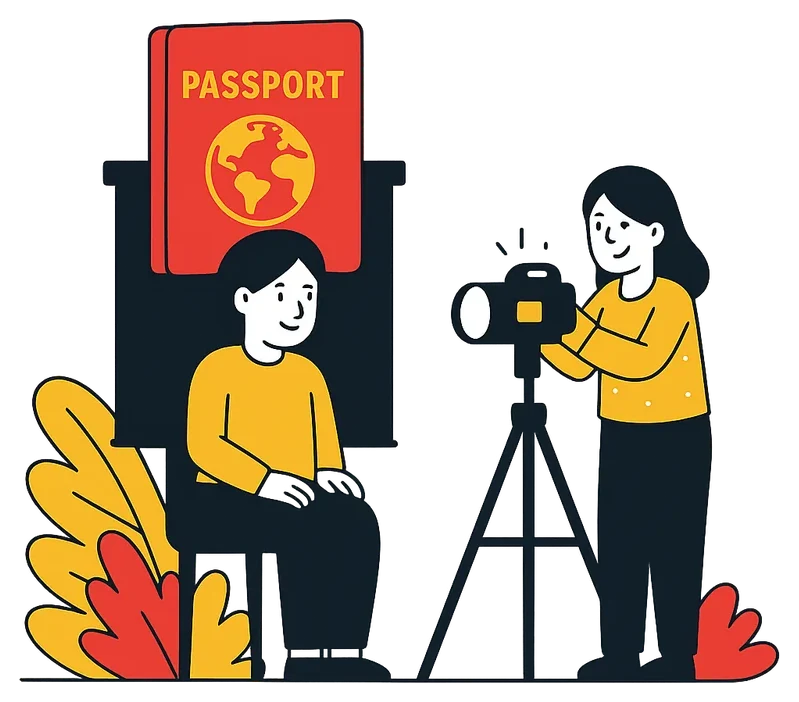 Illustration of a passport photo being taken in a small studio