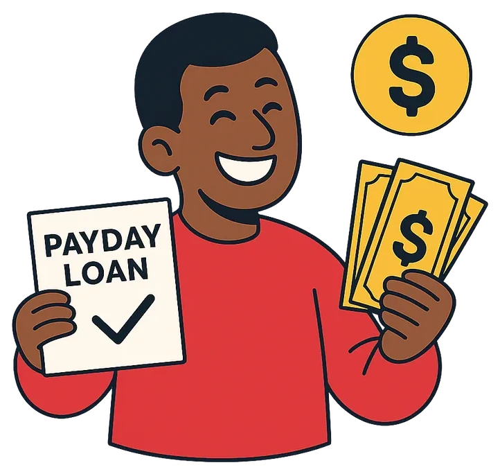 Illustration of a man holding an approved payday loan form and cash