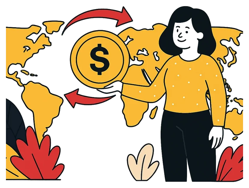 Illustration of a woman sending money across a world map